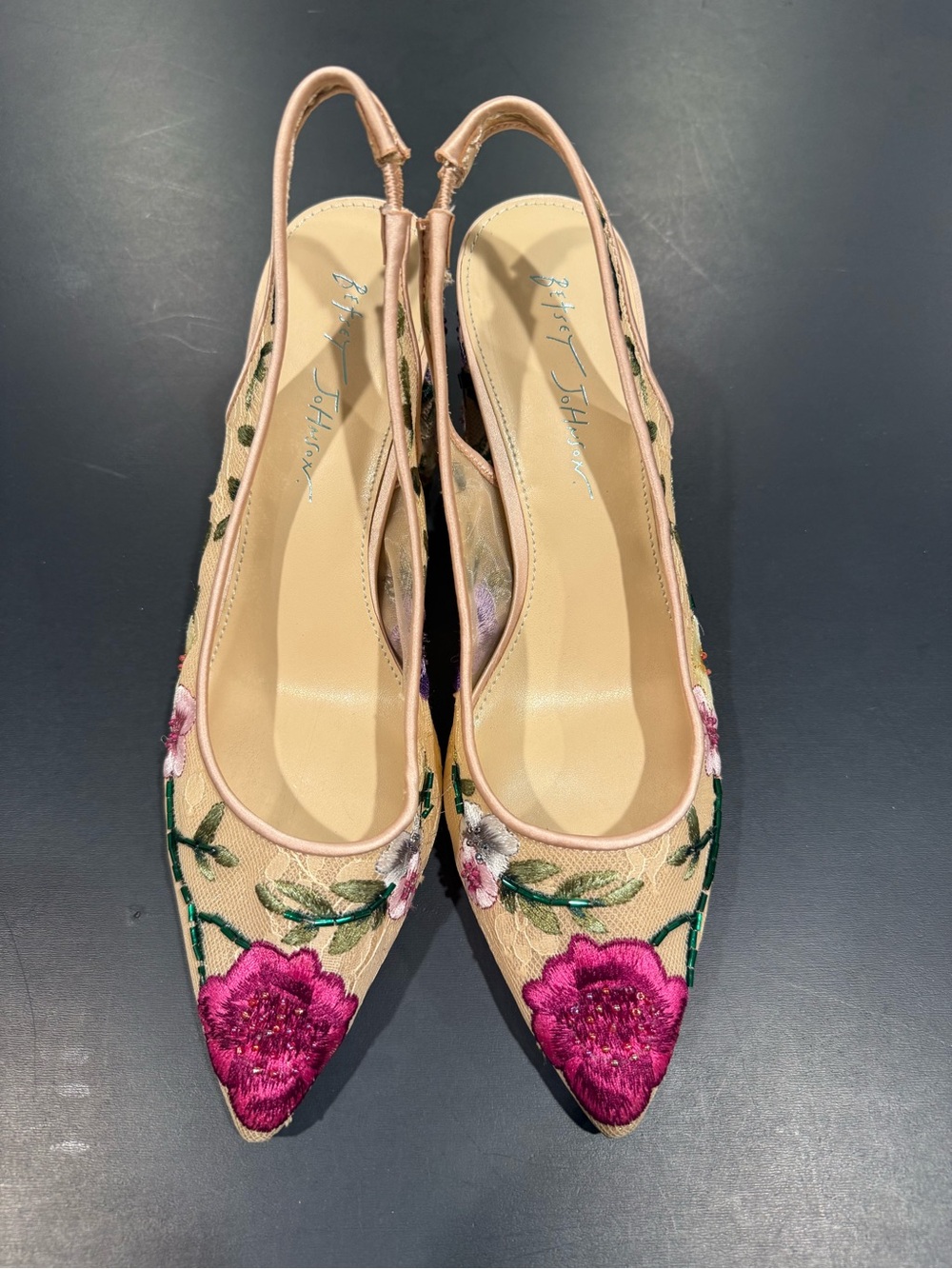 Betsey Johnson Beige Slingback Heels with Pink Floral Embroidery